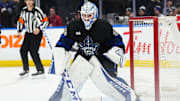 Jan 22, 2025; Toronto, Ontario, CAN; Toronto Maple Leafs goaltender Dennis Hildeby (35) follows the play against the Columbus Blue Jackets during the second period at Scotiabank Arena. Mandatory Credit: Nick Turchiaro-Imagn Images