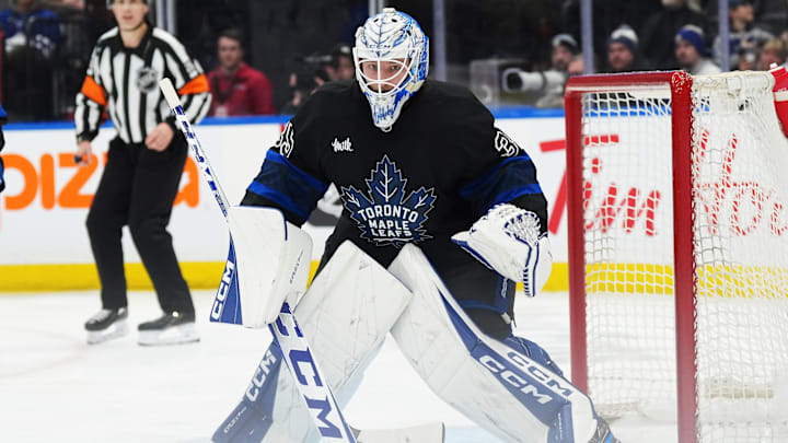Jan 22, 2025; Toronto, Ontario, CAN; Toronto Maple Leafs goaltender Dennis Hildeby (35) follows the play against the Columbus Blue Jackets during the second period at Scotiabank Arena. Mandatory Credit: Nick Turchiaro-Imagn Images