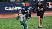 Oct 20, 2025; Toronto, Ontario, CAN; Seattle Mariners catcher Cal Raleigh (29) walks on field before game seven against the Toronto Blue Jays in the ALCS round for the 2025 MLB playoffs at Rogers Centre. Mandatory Credit: Dan Hamilton-Imagn Images