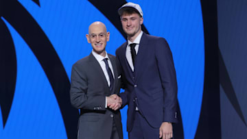 Cooper Flagg poses with NBA commissioner Adam Silver after being selected as first overall by the Dallas Mavericks in the first round of the 2025 NBA Draft at Barclays Center. 