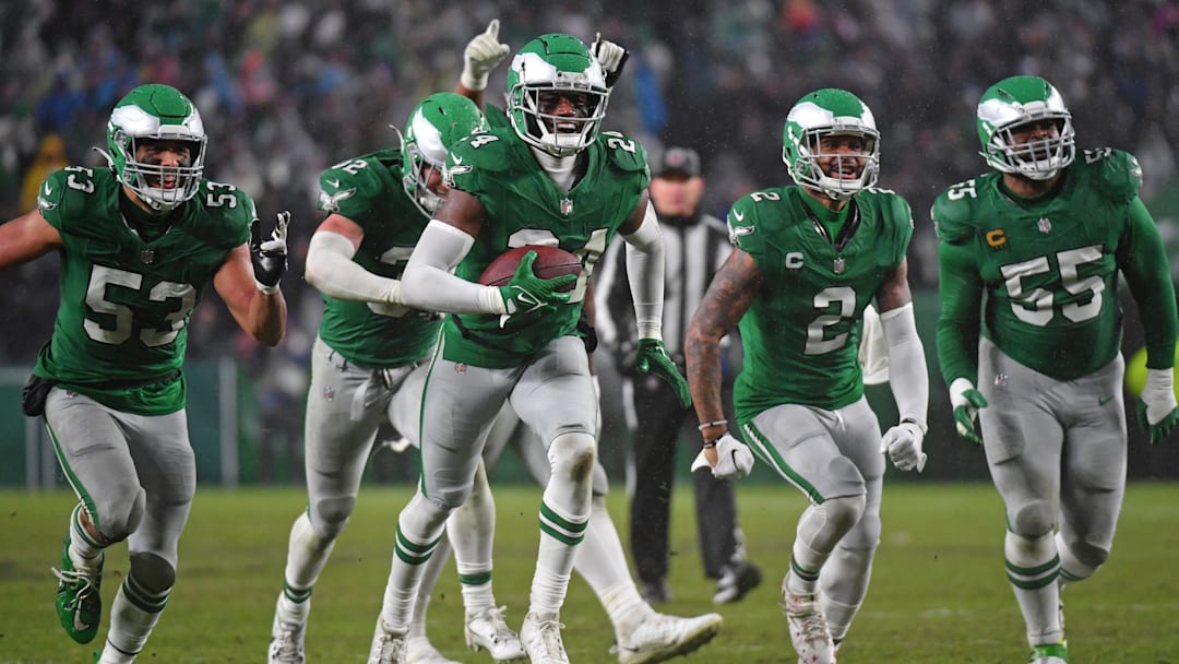 Nov 26, 2023; Philadelphia, Pennsylvania, USA; Philadelphia Eagles cornerback James Bradberry (24) celebrates his interception against the Buffalo Bills at Lincoln Financial Field. Mandatory Credit: Eric Hartline-Imagn Images