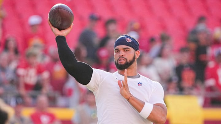 Aug 22, 2025; Kansas City, Missouri, USA; Chicago Bears quarterback Caleb Williams (18) warms up against the Kansas City Chiefs prior to a game at GEHA Field at Arrowhead Stadium. Mandatory Credit: Denny Medley-Imagn Images