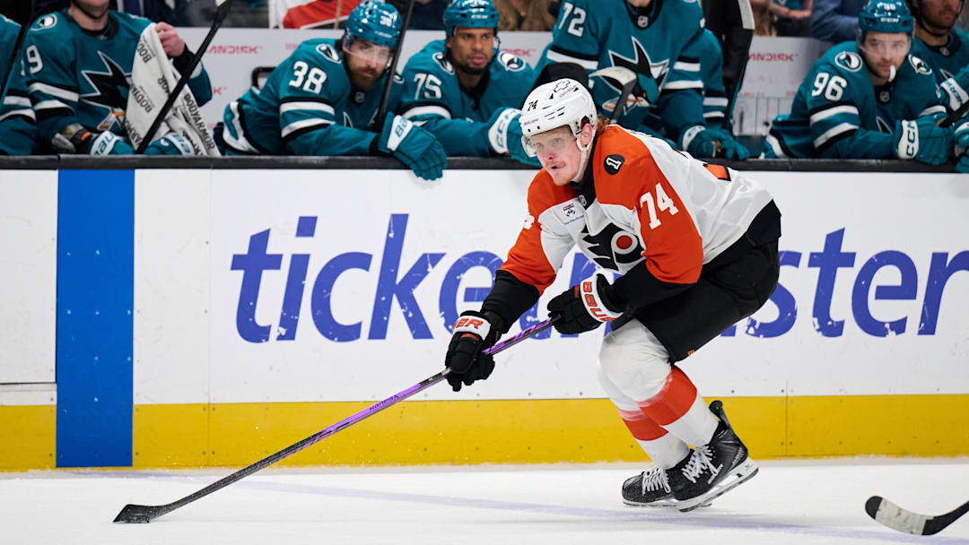 Mar 21, 2026; San Jose, California, USA; Philadelphia Flyers right wing Owen Tippett (74) skates with the puck against the San Jose Sharks during the third period at SAP Center at San Jose. Mandatory Credit: Robert Edwards-Imagn Images Mar 21, 2026; San Jose, California, USA; Philadelphia Flyers right wing Owen Tippett (74) skates with the puck against the San Jose Sharks during the third period at SAP Center at San Jose. Mandatory Credit: Robert Edwards-Imagn Images