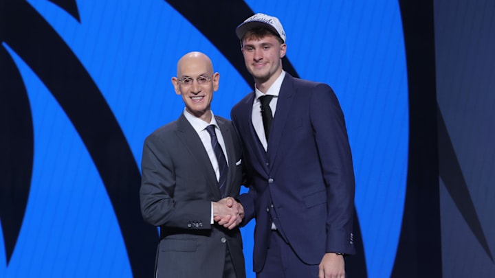 Cooper Flagg poses with NBA commissioner Adam Silver after being selected as first overall by the Dallas Mavericks in the first round of the 2025 NBA Draft at Barclays Center. Cooper Flagg poses with NBA commissioner Adam Silver after being selected as first overall by the Dallas Mavericks in the first round of the 2025 NBA Draft at Barclays Center.