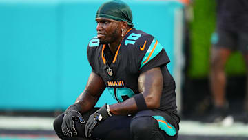 Sep 29, 2025; Miami Gardens, Florida, USA; Miami Dolphins wide receiver Tyreek Hill (10) practices before the game against the New York Jets at Hard Rock Stadium. Mandatory Credit: Rich Storry-Imagn Images