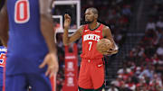 Oct 24, 2025; Houston, Texas, USA; Houston Rockets forward Kevin Durant (7) holds the ball during the first quarter against the Detroit Pistons at Toyota Center. Mandatory Credit: Troy Taormina-Imagn Images