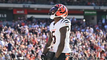 Oct 20, 2024; Cleveland, Ohio, USA; Cincinnati Bengals wide receiver Tee Higgins (5) celebrates after scoring a touchdown during the second half against the Cleveland Browns at Huntington Bank Field. Mandatory Credit: Ken Blaze-Imagn Images