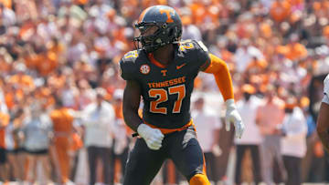 Tennessee defensive lineman James Pearce Jr. (27) runs during a football game between Tennessee and Chattanooga at Neyland Stadium in Knoxville, Tenn., on Saturday, August 31, 2024.