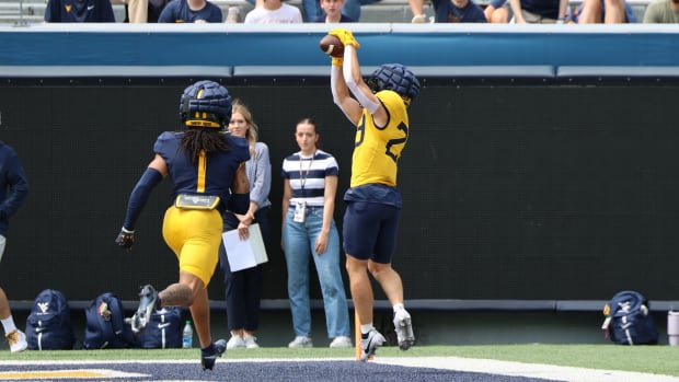West Virginia University redshirt junior receiver Preston Fox snags a touchdown pass in a 1v1 drill during the 2024 God-Blue Spring Game.