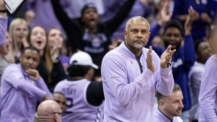 Mar 14, 2024; Kansas City, MO, USA; Kansas State Wildcats head coach Jerome Tang claps during the first half again the Iowa State Cyclones at T-Mobile Center. Mandatory Credit: Amy Kontras-USA TODAY Sports