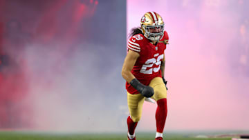 Dec 30, 2024; Santa Clara, California, USA; San Francisco 49ers safety Talanoa Hufanga (29) during the game against the Detroit Lions at Levi's Stadium. Mandatory Credit: Sergio Estrada-Imagn Images