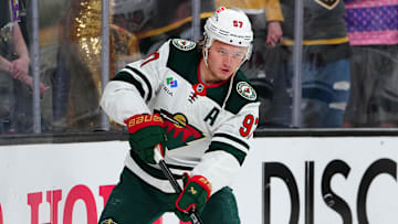 Apr 29, 2025; Las Vegas, Nevada, USA; Minnesota Wild left wing Kirill Kaprizov (97) warms up before the start of game five of the first round of the 2025 Stanley Cup Playoffs against the Vegas Golden Knights at T-Mobile Arena. Mandatory Credit: Stephen R. Sylvanie-Imagn Images