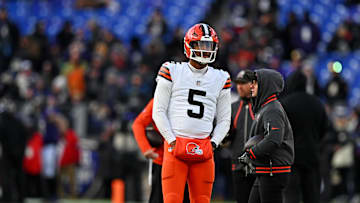 Jan 4, 2025; Baltimore, Maryland, USA; Cleveland Browns quarterback Jameis Winston (5) warms up before the game against Baltimore Ravens at M&T Bank Stadium. Mandatory Credit: Tommy Gilligan-Imagn Images