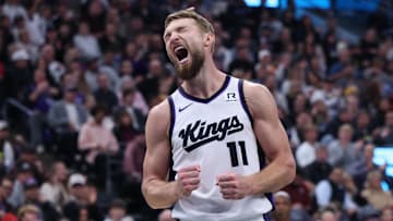 Oct 29, 2024; Salt Lake City, Utah, USA; Sacramento Kings forward Domantas Sabonis (11) reacts to being called for a foul against the Utah Jazz during the third quarter at Delta Center. Mandatory Credit: Rob Gray-Imagn Images