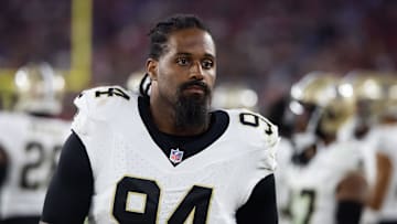 Aug 10, 2024; Glendale, Arizona, USA; New Orleans Saints  defensive end Cameron Jordan (94) against the Arizona Cardinals during a preseason NFL game at State Farm Stadium. Mandatory Credit: Mark J. Rebilas-Imagn Images