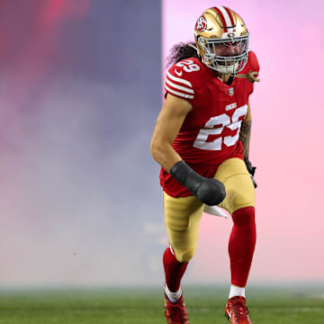 Dec 30, 2024; Santa Clara, California, USA; San Francisco 49ers safety Talanoa Hufanga (29) during the game against the Detroit Lions at Levi's Stadium. Mandatory Credit: Sergio Estrada-Imagn Images