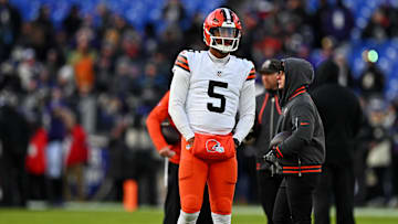 Jan 4, 2025; Baltimore, Maryland, USA; Cleveland Browns quarterback Jameis Winston (5) warms up before the game against Baltimore Ravens at M&T Bank Stadium.  