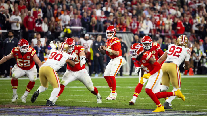 Feb 11, 2024; Paradise, Nevada, USA; Kansas City Chiefs quarterback Patrick Mahomes (15) against the San Francisco 49ers during Super Bowl LVIII at Allegiant Stadium. Mandatory Credit: Mark J. Rebilas-USA TODAY Sports