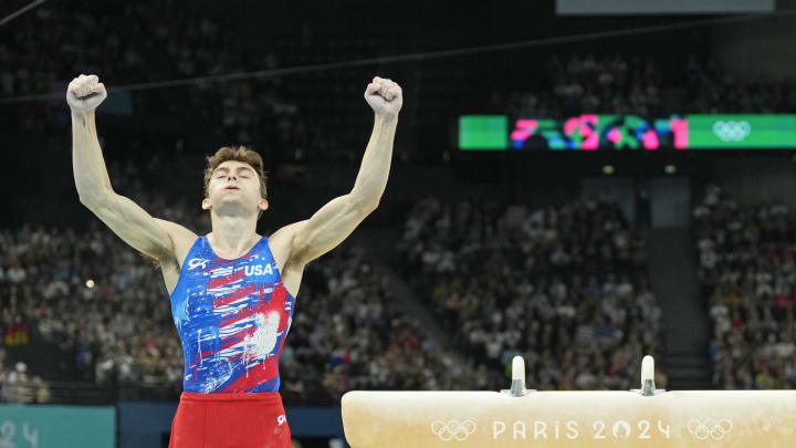 USA gymnast Stephen Nedoroscik reacts after performing on the pommel horse during the Paris 2024 Olympic Summer Games at Bercy Arena. 