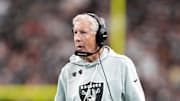 Nov 2, 2025; Paradise, Nevada, USA; Las Vegas Raiders head coach Pete Carroll reacts in the first half against the Jacksonville Jaguars at Allegiant Stadium. Mandatory Credit: Kirby Lee-Imagn Images