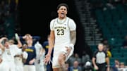 Michigan forward Yaxel Lendeborg reacts in the Wolverines’ rout of Gonzaga in the Players Era championship game.