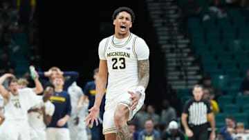 Michigan forward Yaxel Lendeborg reacts in the Wolverines’ rout of Gonzaga in the Players Era championship game.