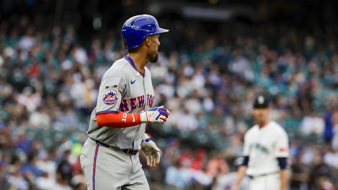 Jun 1, 2026; Seattle, Washington, USA; New York Mets second baseman Marcus Semien (10) runs the bases after hitting a solo-home run against the Seattle Mariners during the sixth inning at T-Mobile Park. Mandatory Credit: Joe Nicholson-Imagn Images