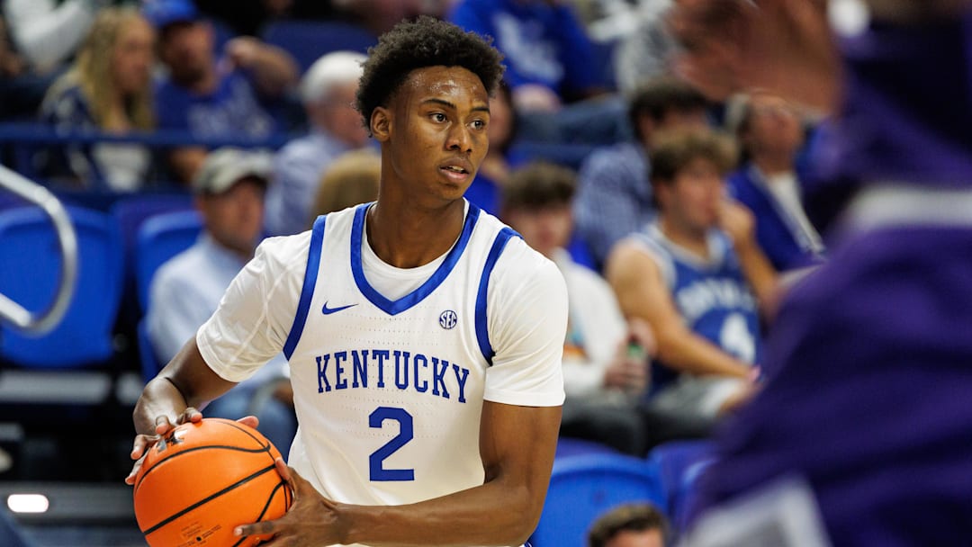Oct 23, 2024; Lexington, KY, USA; Kentucky Wildcats guard Jaxson Robinson (2) holds the ball during the second half against the Kentucky Wesleyan Panthers at Rupp Arena at Central Bank Center. Mandatory Credit: Jordan Prather-Imagn Images