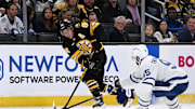 Nov 11, 2025; Boston, Massachusetts, USA; Boston Bruins right wing David Pastrnak (88) takes a shot against the Toronto Maple Leafs during the third period at the TD Garden. Mandatory Credit: Brian Fluharty-Imagn Images
