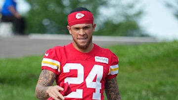 Jul 22, 2025; St. Joseph, MO, USA; Kansas City Chiefs wide receiver Skyy Moore (24) walks down the hill to the practice fields during training camp at Missouri Western State University. Mandatory Credit: Denny Medley-Imagn Images