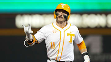 Tennessee infielder Andrew Fischer (11) celebrates after hitting a home run during a NCAA baseball game between Tennessee and St. Bonaventure at Lindsey Nelson Stadium on Friday, March 6, 2025.