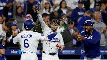 May 14, 2025; Los Angeles, California, USA; Los Angeles Dodgers second baseman Hyeseong Kim (6) celebrates with outfielder Andy Pages (44) and outfielder Teoscar Hernández (37) after hitting a home run during the fifth inning against the Athletics at Dodger Stadium. Mandatory Credit: Jason Parkhurst-Imagn Images