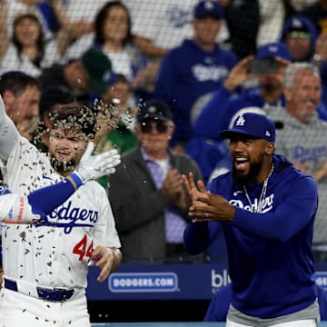 May 14, 2025; Los Angeles, California, USA; Los Angeles Dodgers second baseman Hyeseong Kim (6) celebrates with outfielder Andy Pages (44) and outfielder Teoscar Hernández (37) after hitting a home run during the fifth inning against the Athletics at Dodger Stadium. Mandatory Credit: Jason Parkhurst-Imagn Images