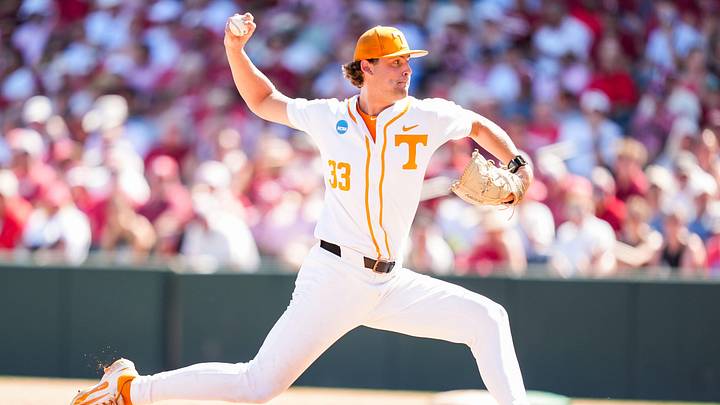 Tennessee's AJ Russell (33) throws the ball during game two of the NCAA baseball tournament Fayetteville Super Regional between Tennessee and Arkansas held at Baum-Walker Stadium on Sunday, June 8, 2025.