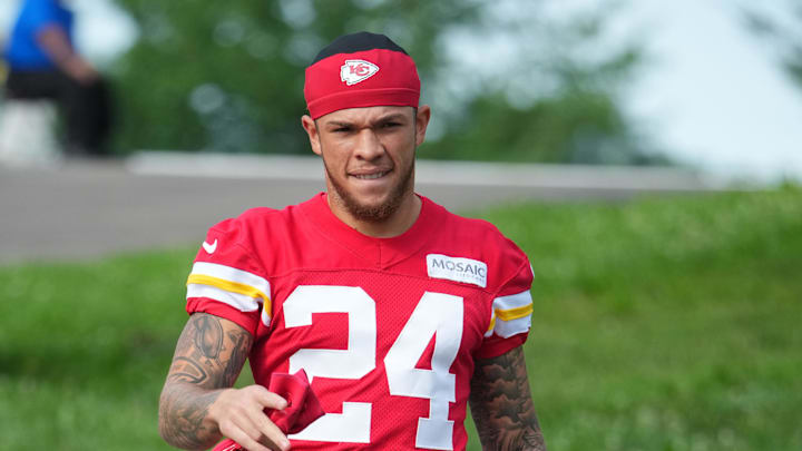 Jul 22, 2025; St. Joseph, MO, USA; Kansas City Chiefs wide receiver Skyy Moore (24) walks down the hill to the practice fields during training camp at Missouri Western State University. Mandatory Credit: Denny Medley-Imagn Images