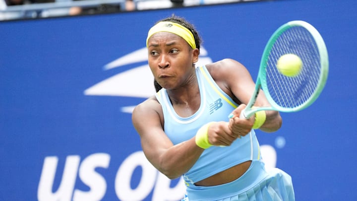 Coco Gauff hits to Emma Navarro at the 2024 U.S. Open tennis tournament on Sep 1, 2024.