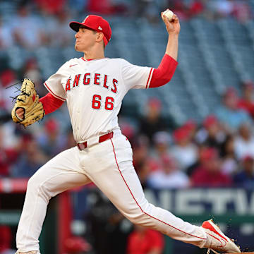 Sep 13, 2024; Anaheim, California, USA; Los Angeles Angels pitcher Samuel Aldegheri (66) throws against the Houston Astros during the first inning at Angel Stadium. Mandatory Credit: Gary A. Vasquez-Imagn Images