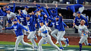 The Dodgers celebrate after beating the Yankees in the 2024 World Series at Yankee Stadium.