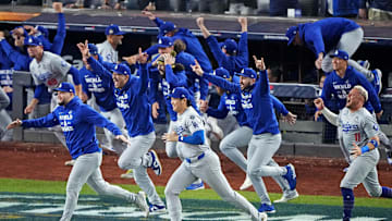 The Dodgers celebrate after beating the Yankees in the 2024 World Series at Yankee Stadium.