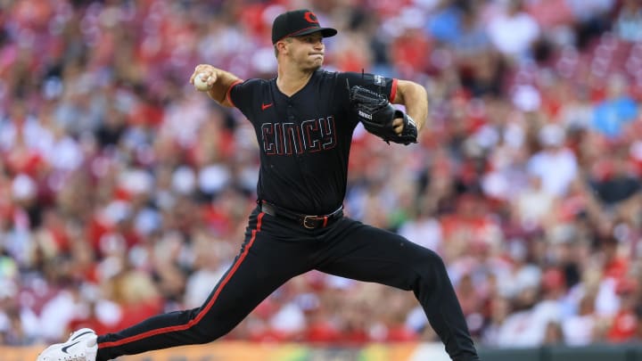 Jul 12, 2024; Cincinnati, Ohio, USA; Cincinnati Reds starting pitcher Carson Spiers (68) pitches against the Miami Marlins in the first inning at Great American Ball Park.