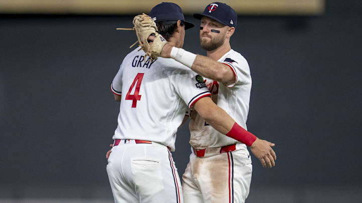 Apr 14, 2026: Minnesota Twins third baseman Tristan Gray (4) and first baseman Kody Clemens (2) after defeating the Boston Red Sox at Target Field. 