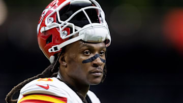 Feb 9, 2025; New Orleans, LA, USA;  Kansas City Chiefs wide receiver DeAndre Hopkins (8) against the Philadelphia Eagles in Super Bowl LIX at Ceasars Superdome. Mandatory Credit: Mark J. Rebilas-Imagn Images