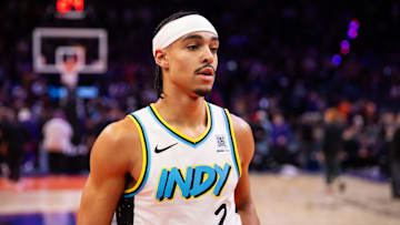 Dec 19, 2024; Phoenix, Arizona, USA; Indiana Pacers guard Andrew Nembhard (2) against the Phoenix Suns at Footprint Center. Mandatory Credit: Mark J. Rebilas-Imagn Images