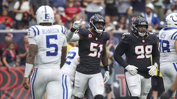  Houston Texans defensive end Will Anderson Jr. (51) reacts after a play during the second half against the Indianapolis