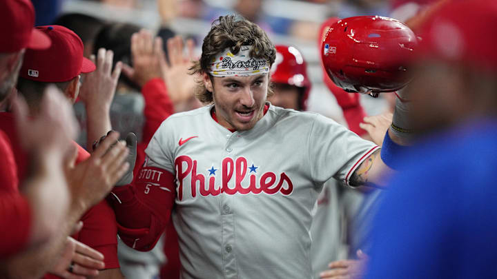 Philadelphia Phillies second baseman Bryson Stott scored in the eighth inning on Thursday.