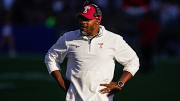 Oct 5, 2024; East Hartford, Connecticut, USA;  Temple Owls head coach Stan Drayton watches from the sideline as they take on the Connecticut Huskies at Rentschler Field at Pratt & Whitney Stadium. Mandatory Credit: David Butler II-Imagn Images
