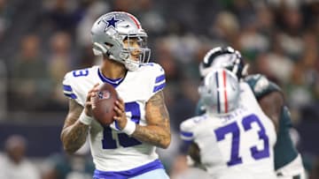 Nov 10, 2024; Arlington, Texas, USA; Dallas Cowboys quarterback Trey Lance (19) throws a pass against the Philadelphia Eagles in the fourth quarter at AT&T Stadium. Mandatory Credit: Tim Heitman-Imagn Images