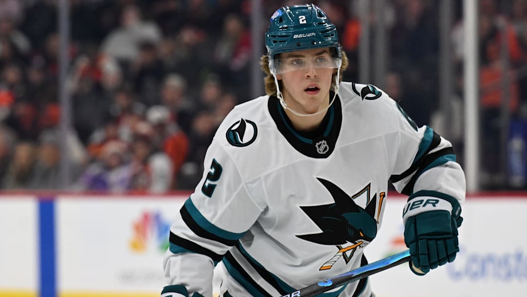 Dec 9, 2025; Philadelphia, Pennsylvania, USA; San Jose Sharks center Will Smith (2) against the Philadelphia Flyers at Xfinity Mobile Arena. Mandatory Credit: Eric Hartline-Imagn Images