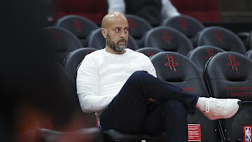 Dec 1, 2024; Houston, Texas, USA; Houston Rockets general manager Rafael Stone watches during practice before the game against the Oklahoma City Thunder at Toyota Center. Mandatory Credit: Troy Taormina-Imagn Images