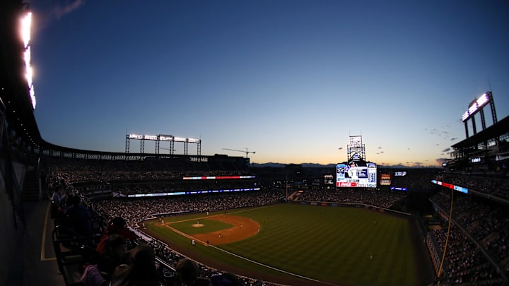 Jun 22, 2018; Denver, CO, USA; A view of the ballpark as the sunsets during the game of the Miami Marlins against the Colorado Rockies in the seventh inning at Coors Field. Mandatory Credit: Aaron Doster-Imagn Images
